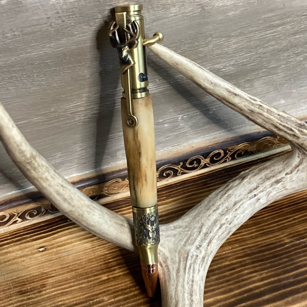 Deer Antler with Deer Hunter Bolt Action Antique Brass Pen